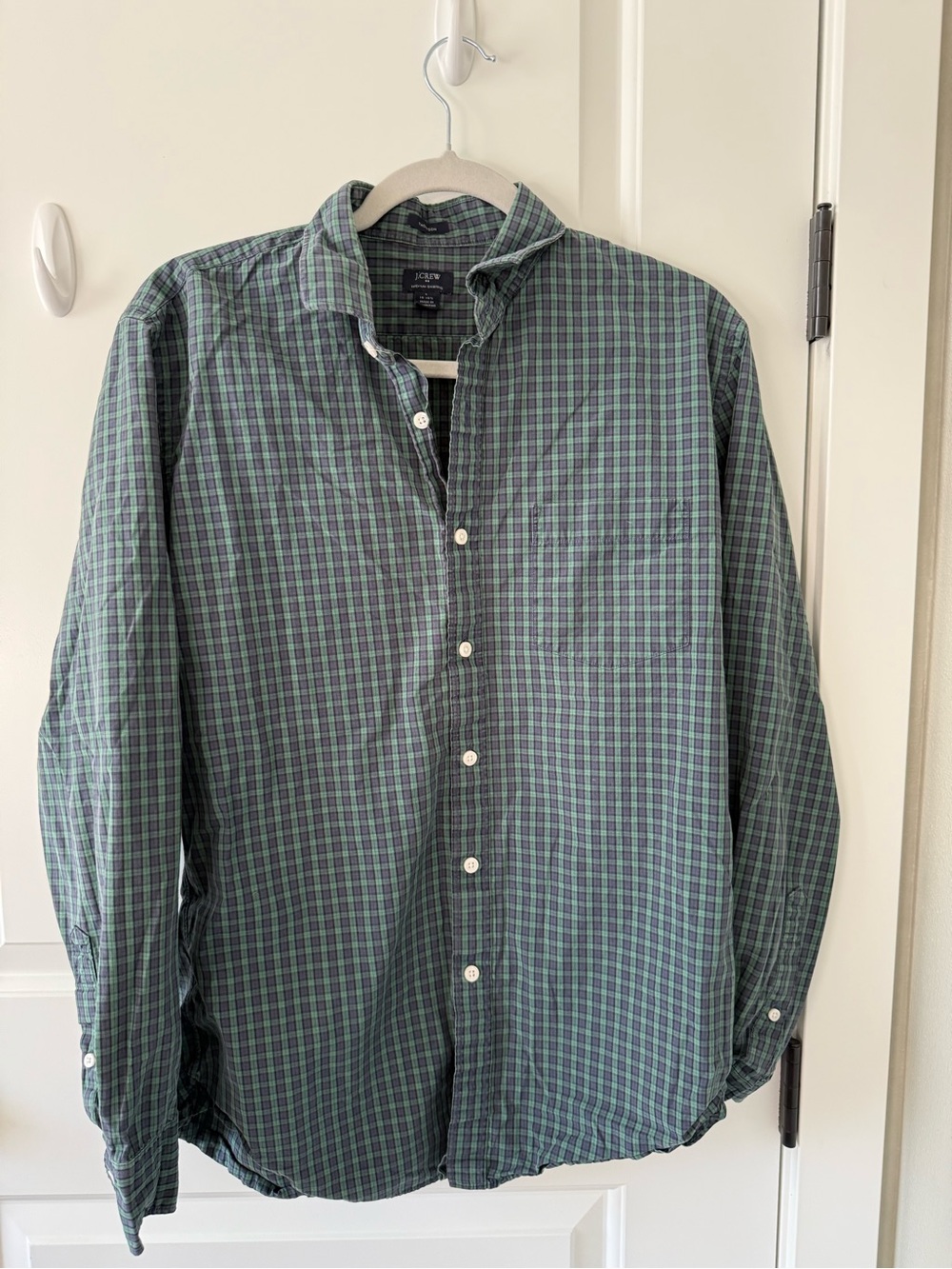 J. Crew Men's Green and Blue Checked Button-Down Shirt
